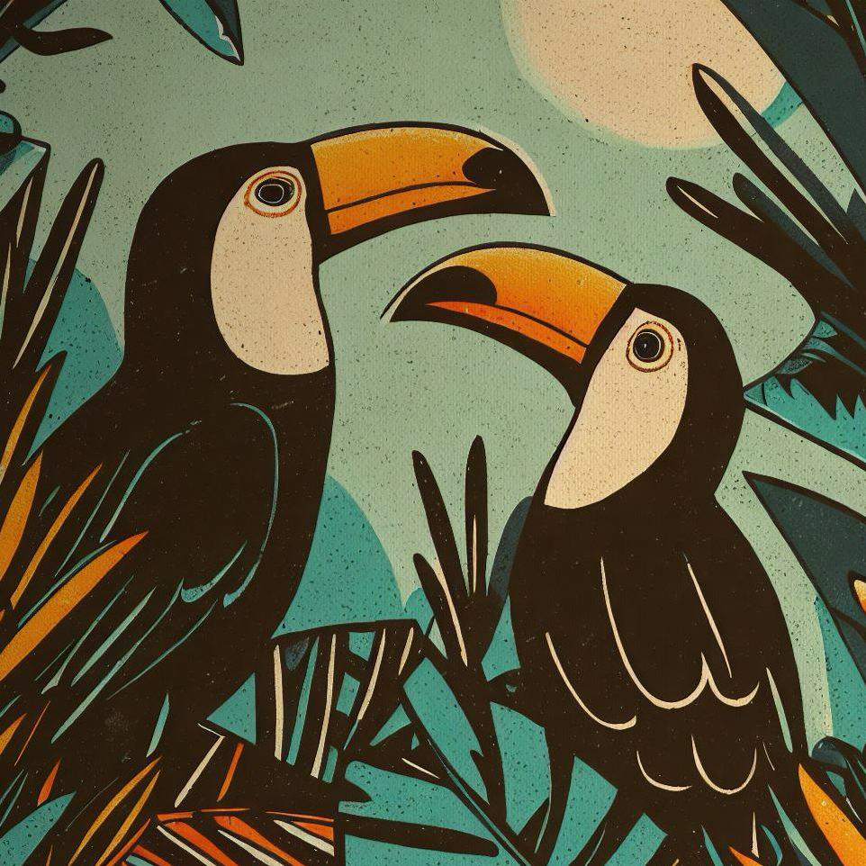 2 Toucans Woodblock style print