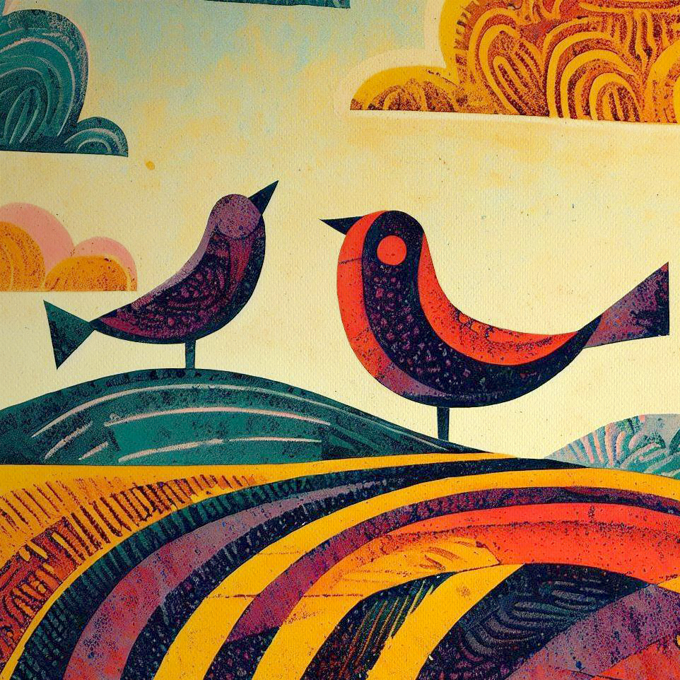 2 Birds in a Field Woodblock style print
