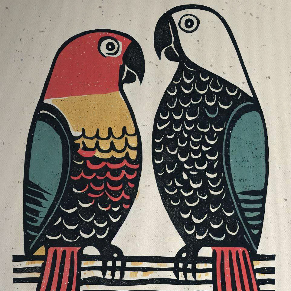 A4 Woodblock style print with Two Parrots in Scandi Colours