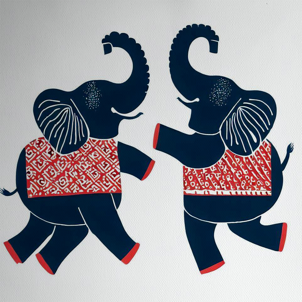 Elephants Dancing in Scandinavian Colours Litho Print