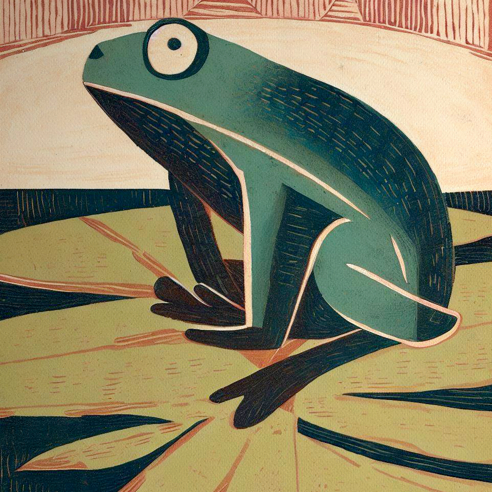 Frog on a Lillypad Woodblock style print
