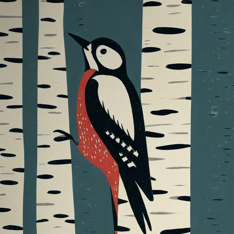 Greater Spotted Woodpecker Woodblock style print
