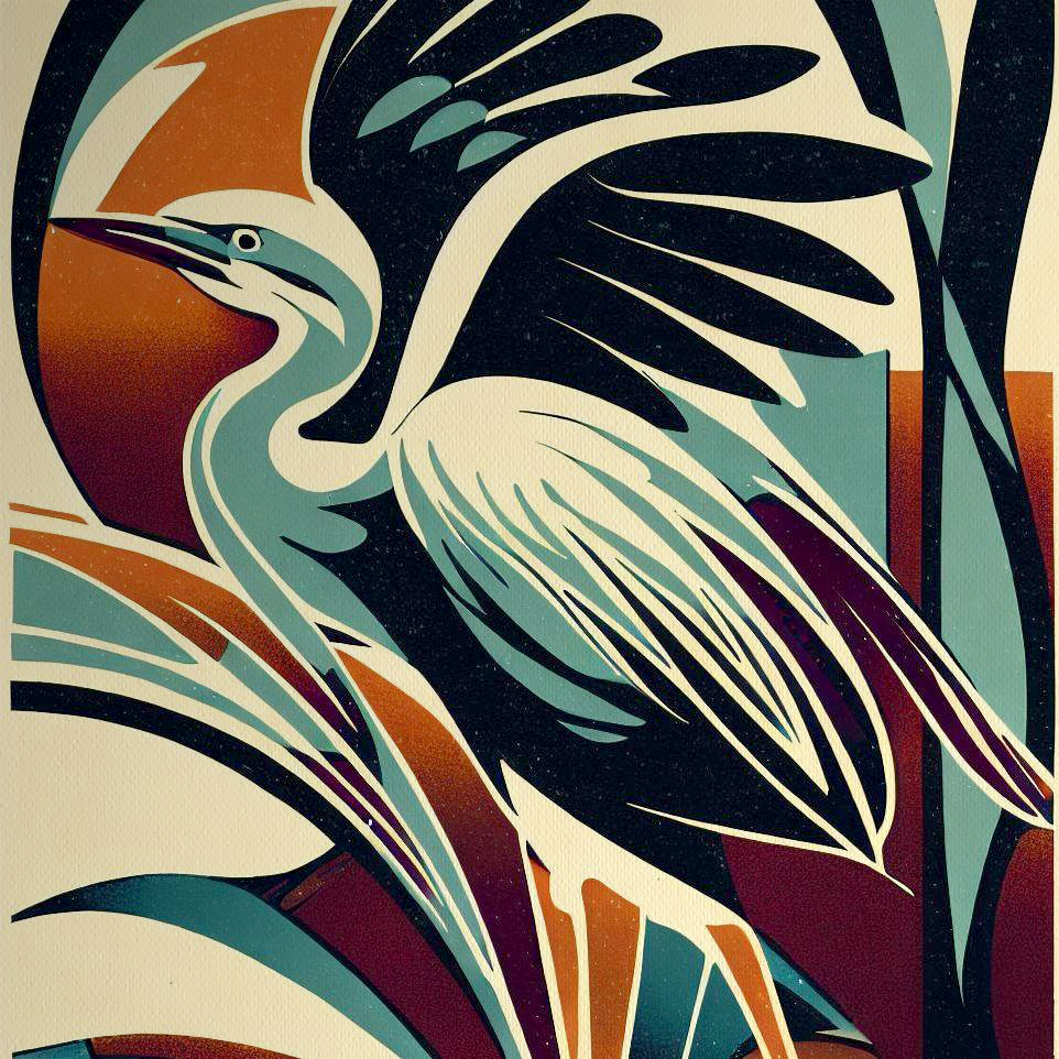 Heron Art Deco Litho Print - Abstract 3 Color Detailed