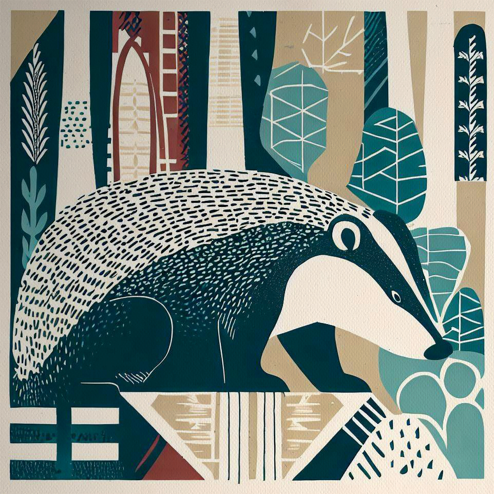 Intricate Litho Print Badger in a Forest - Scandinavian Geometric Layered Artwork