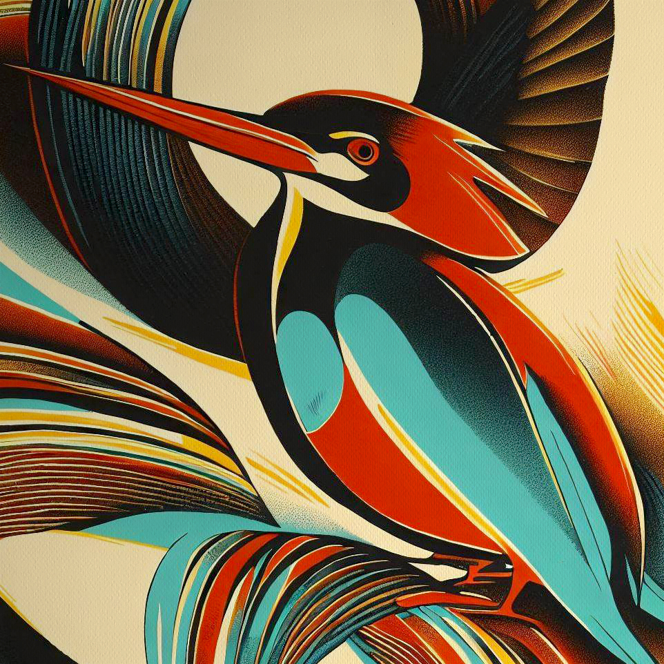 King Fisher Art Deco Litho Print - Abstract 3 Color Detailed