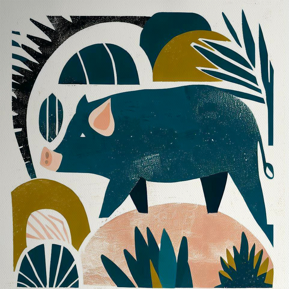 Litho Print Hog in a Jungle - Geometric Layered Artwork