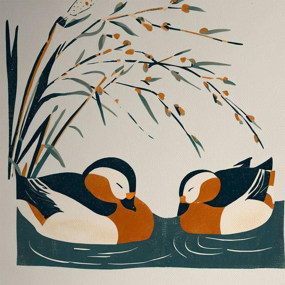 Mandarin Ducks Woodblock style print