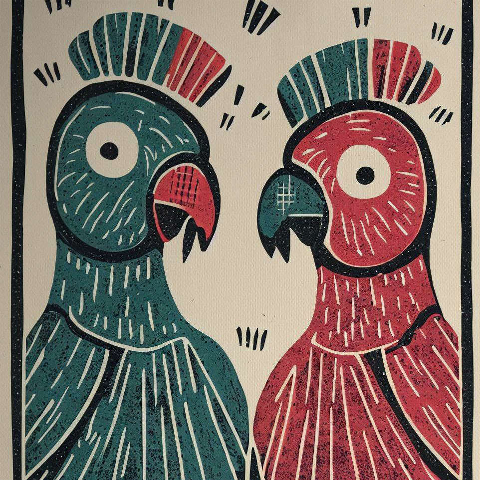 Scandi-Coloured Woodblock style print with Two Surprised Parrots