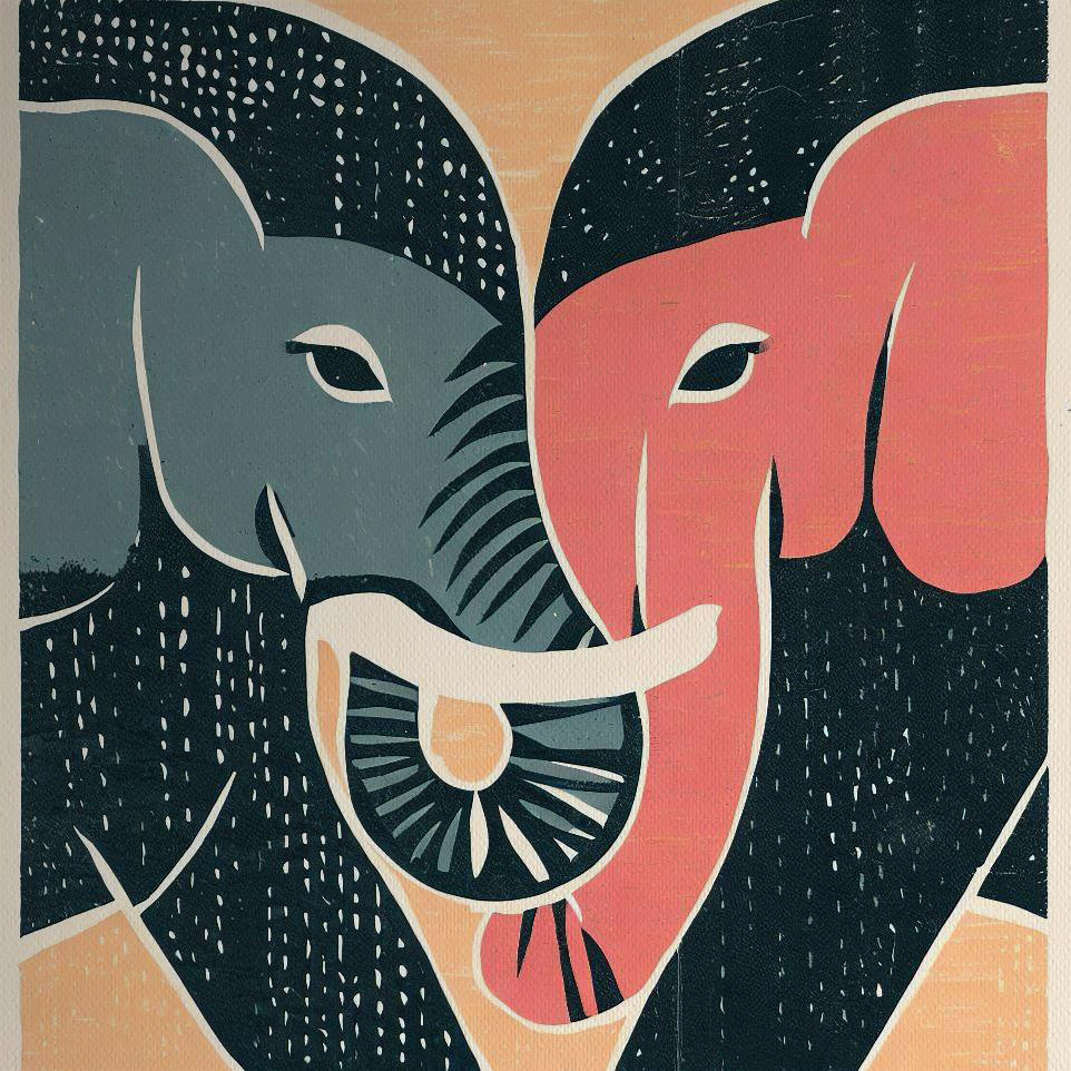 Scandi-Coloured Woodblock with 2 Elephants