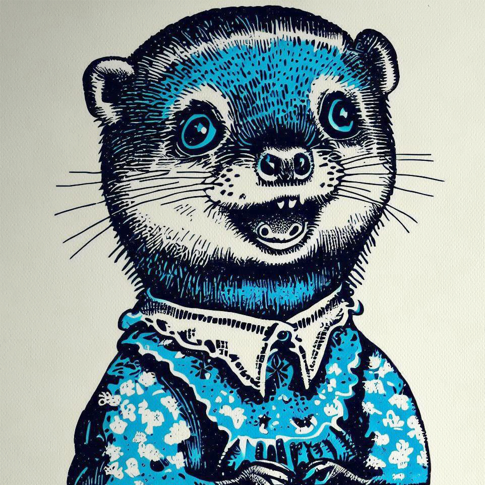 Vintage Blockprint Illustration of Smiling Otter in a Dress