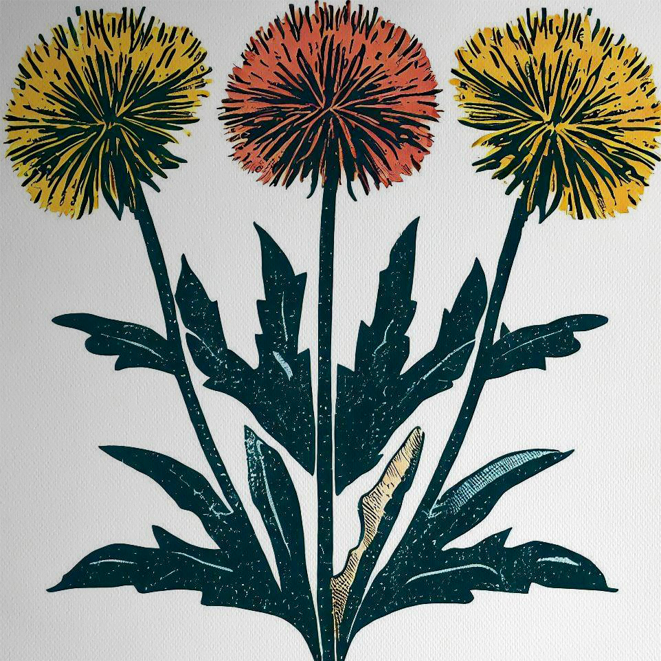 Vintage Botanical Blockprint Dandelion Illustration