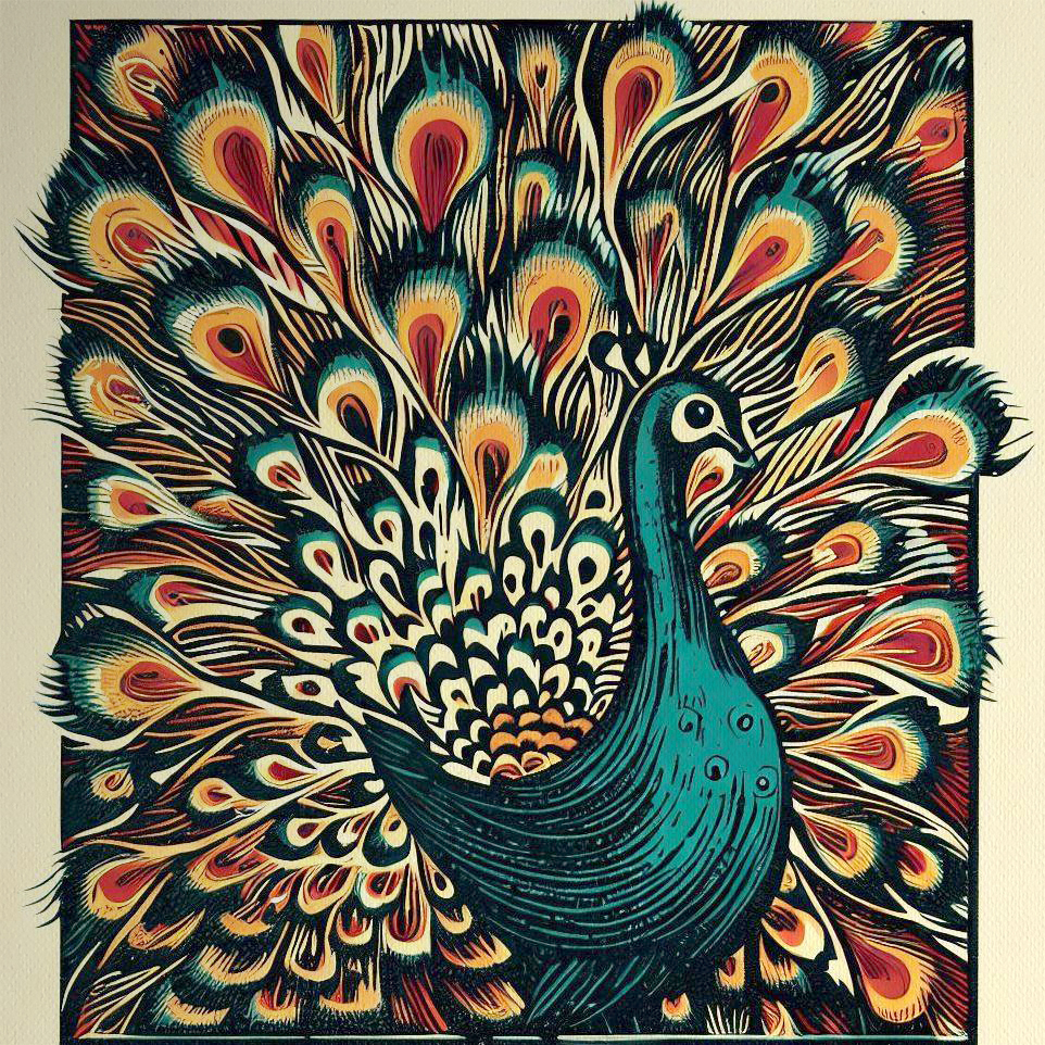 Vintage Blockprint Illustration of Peacock
