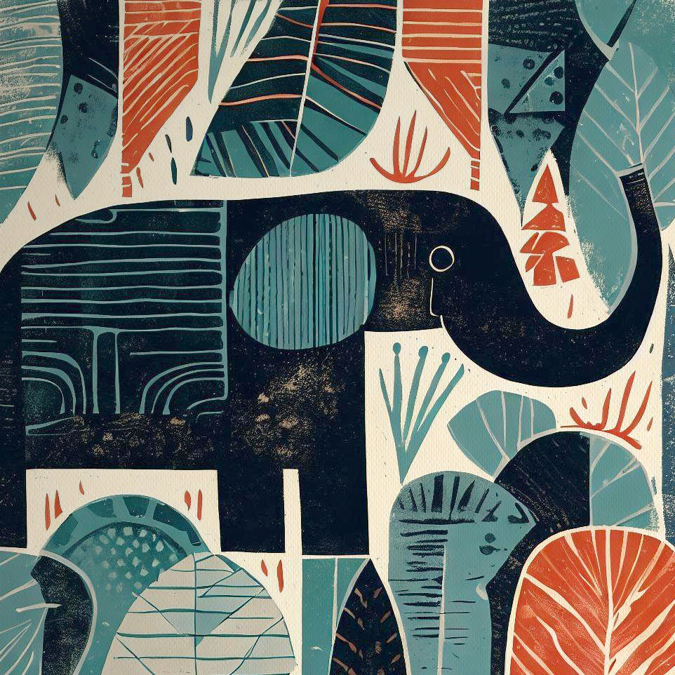 Woodblock Elephant in a Jungle Print
