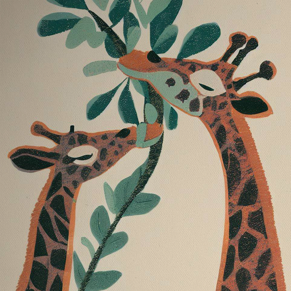 Woodblock style print: 2 Giraffes Eating from a Tree