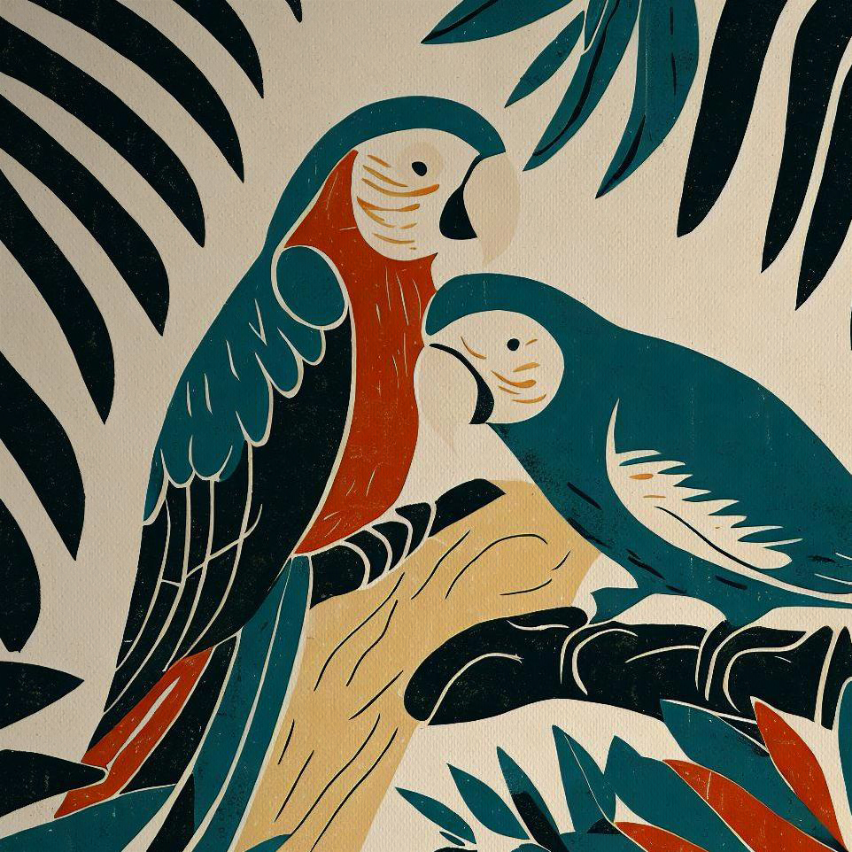 Woodblock style print: 2 Macaws in a Jungle
