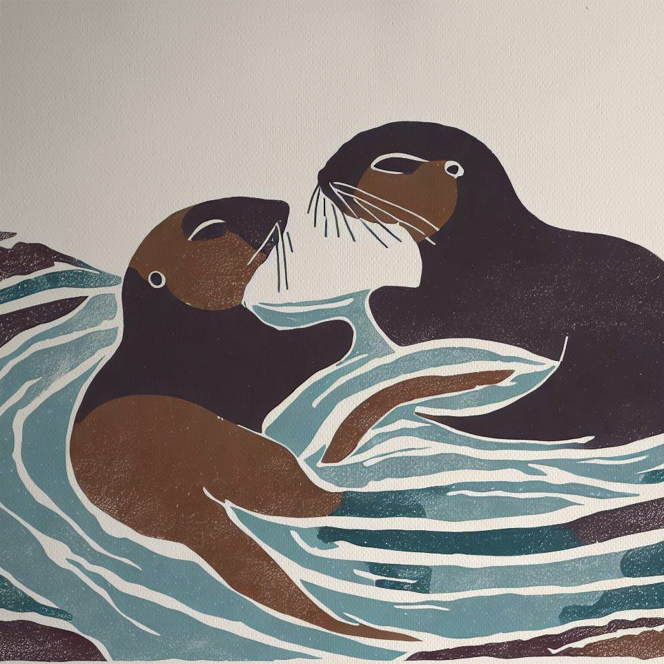 Woodblock style print: 2 Otters in a Stream