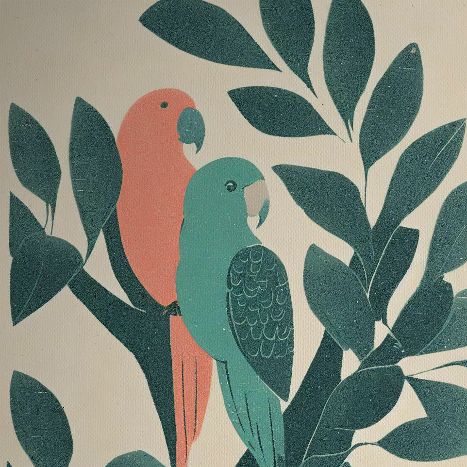 Woodblock style print: 2 Parrots in a Leafy Tree