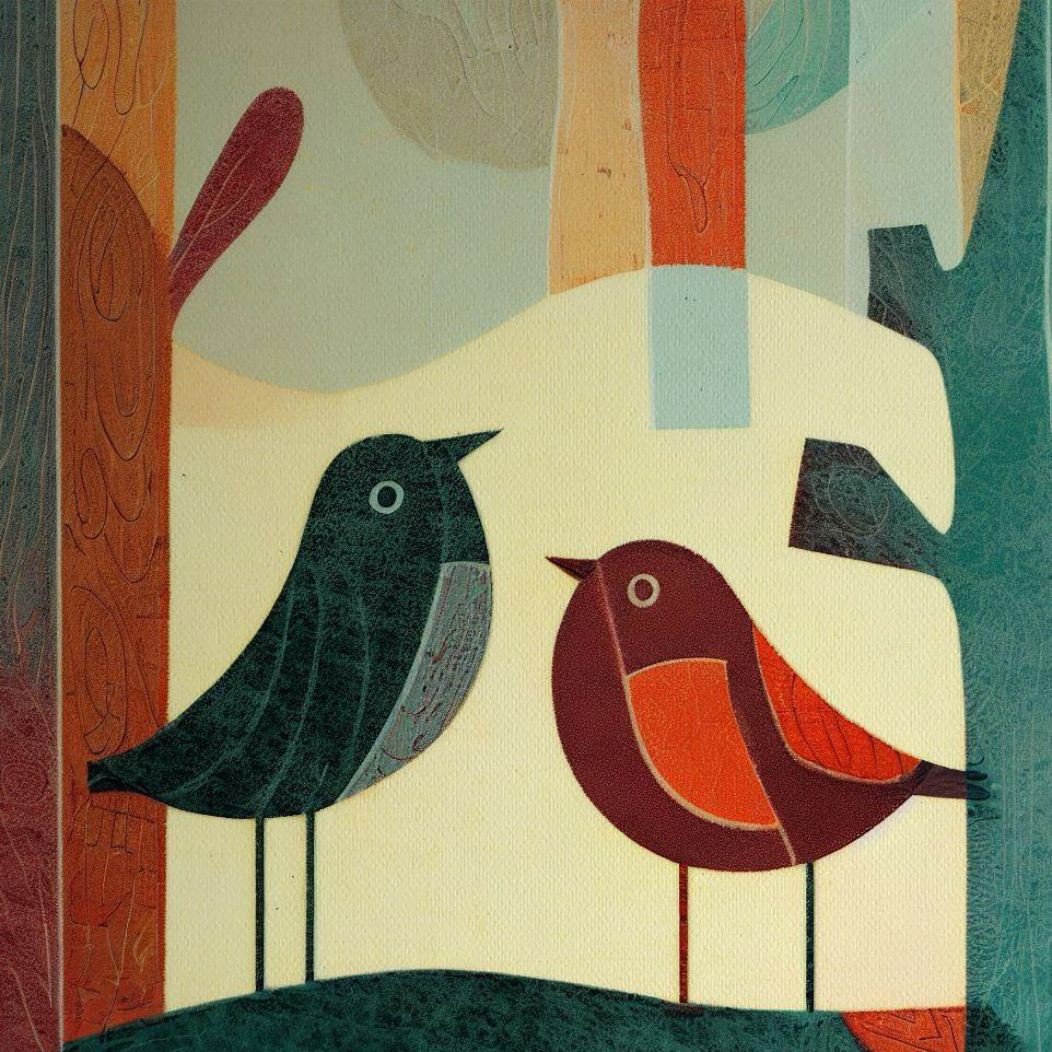 Woodblock style print - 2 Small Birds in a Forest