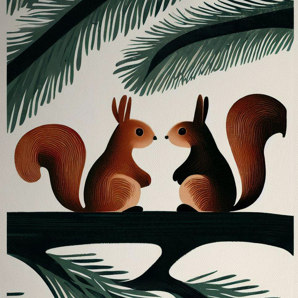 Woodblock style print - 2 Squirrels in a Pine Forest