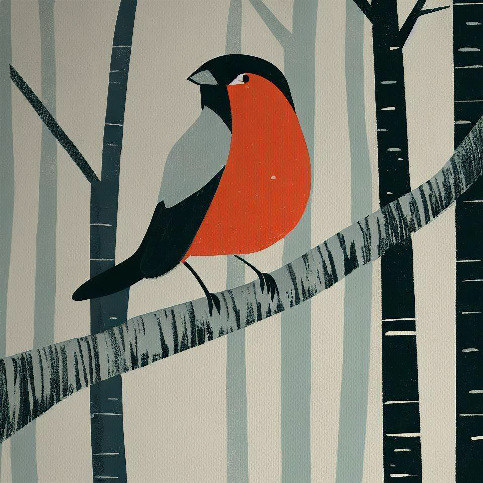 Woodblock style print - Bullfinch on a Branch