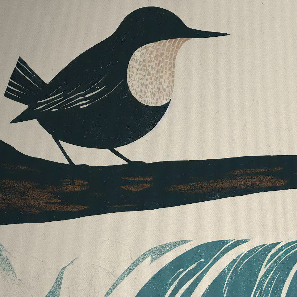 Woodblock style print - Dipper on a Branch