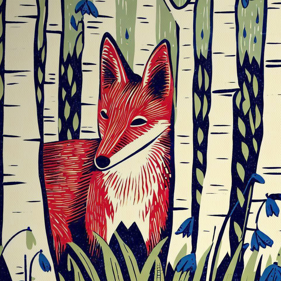 Woodblock style print Fox in Birch Forest