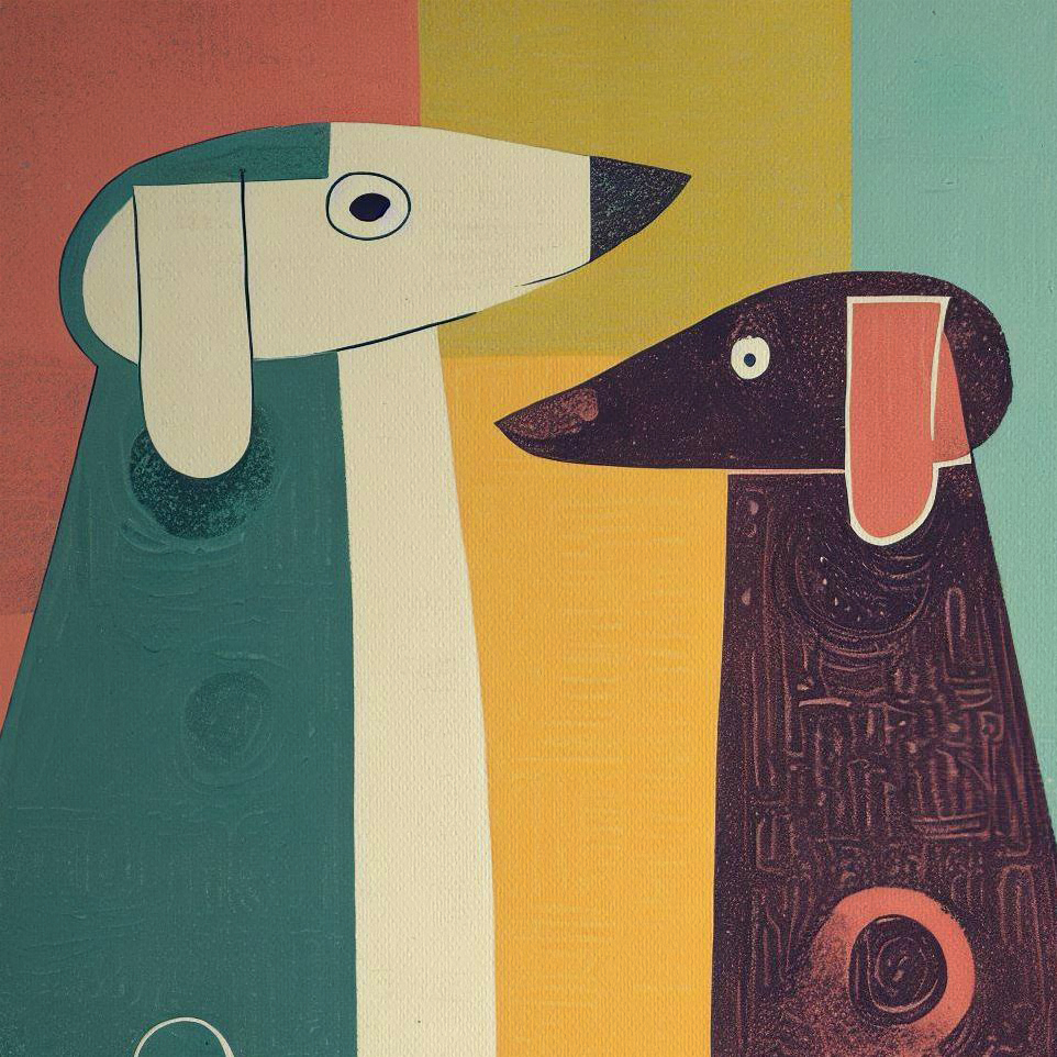 Woodblock style print of Two Dogs