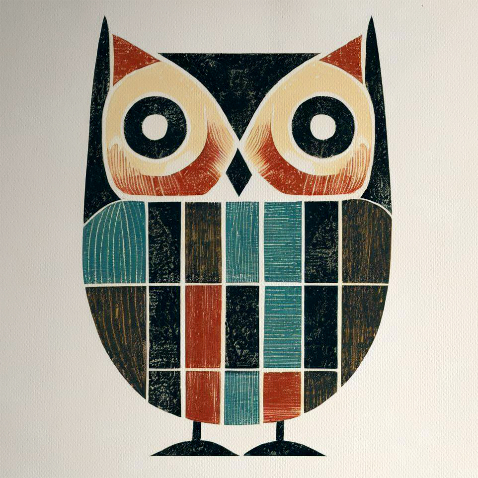 Woodblock style print of an Owl