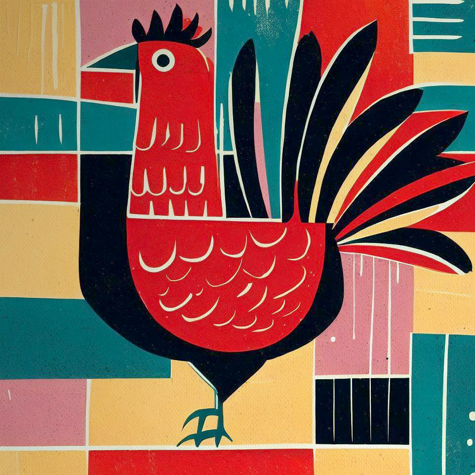 Woodblock style print Rooster