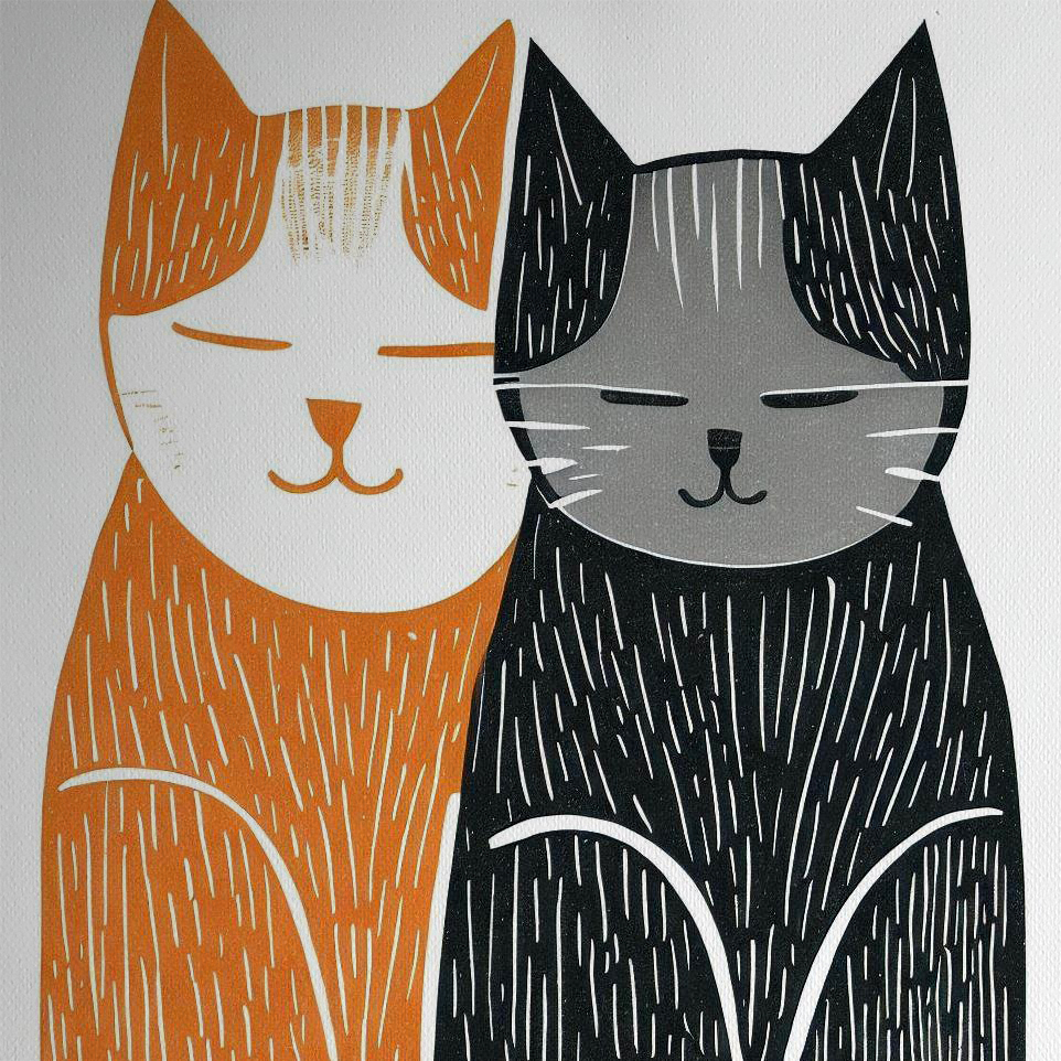 Woodblock style print with Two Cats in Scandi Colours