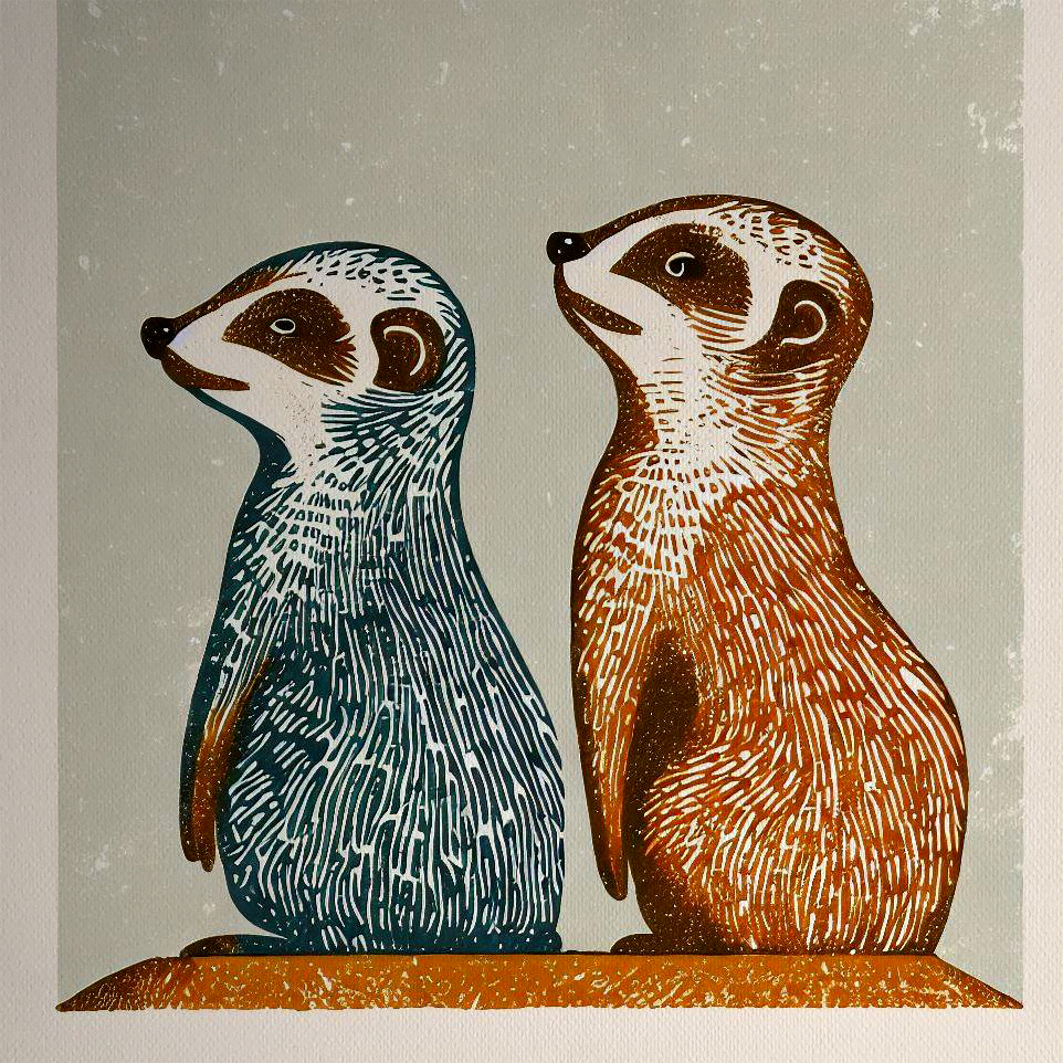 Woodblock style print with Two Meerkats in Scandi Colours