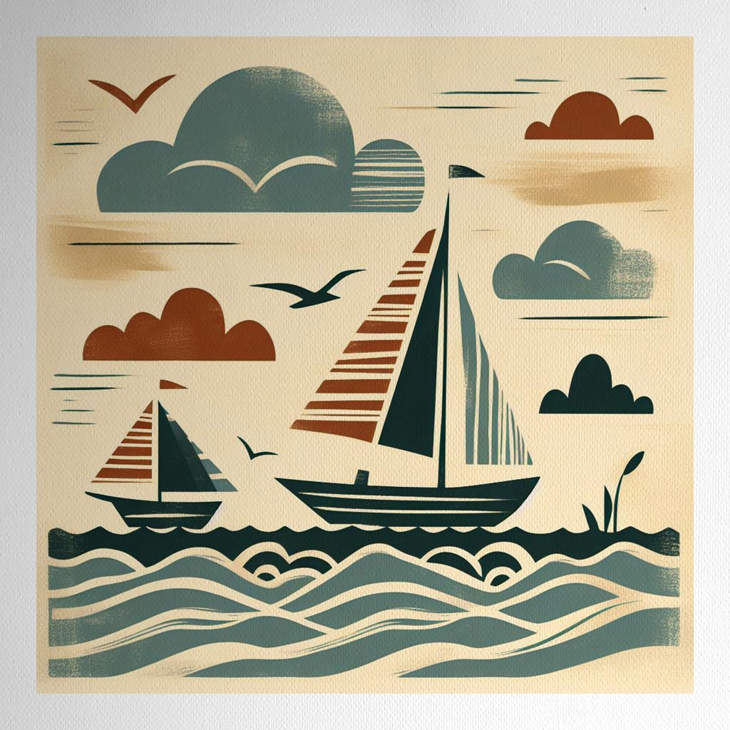 Product mockup for 2 Boats on a Rough Sea Woodblock style print