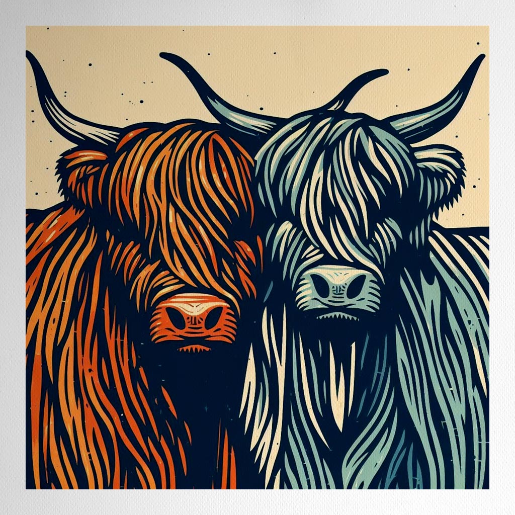 Product mockup for 2 Highland Bulls Woodblock Style Print