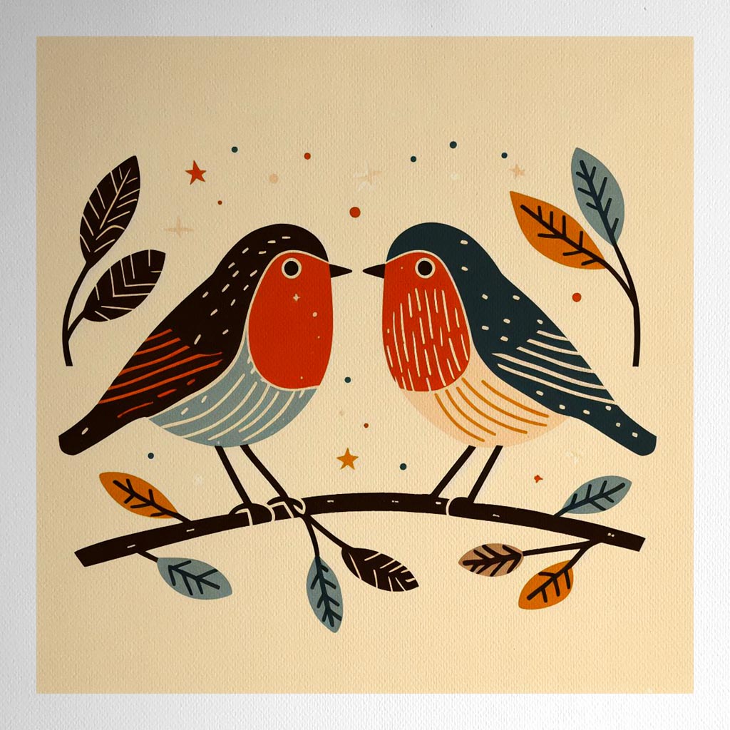 Product mockup for 2 Robins Woodblock style print