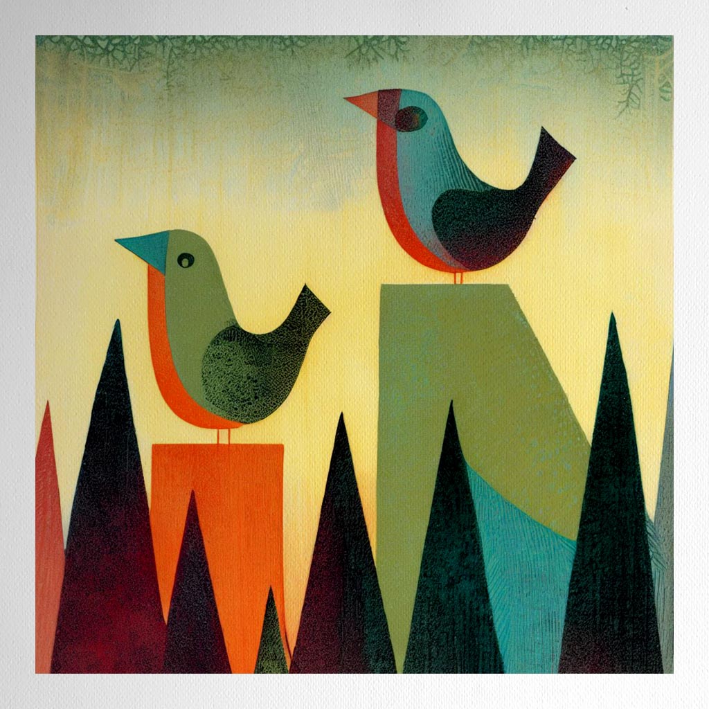Product mockup for 3 Birds in a Pine Forest Woodblock style print - Paul Klee