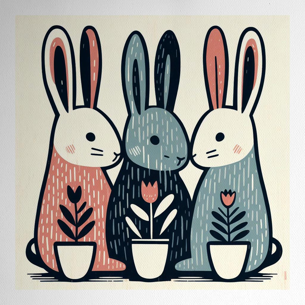 Product mockup for 3 Rabbits & 3 Flowerpots Woodblock style print
