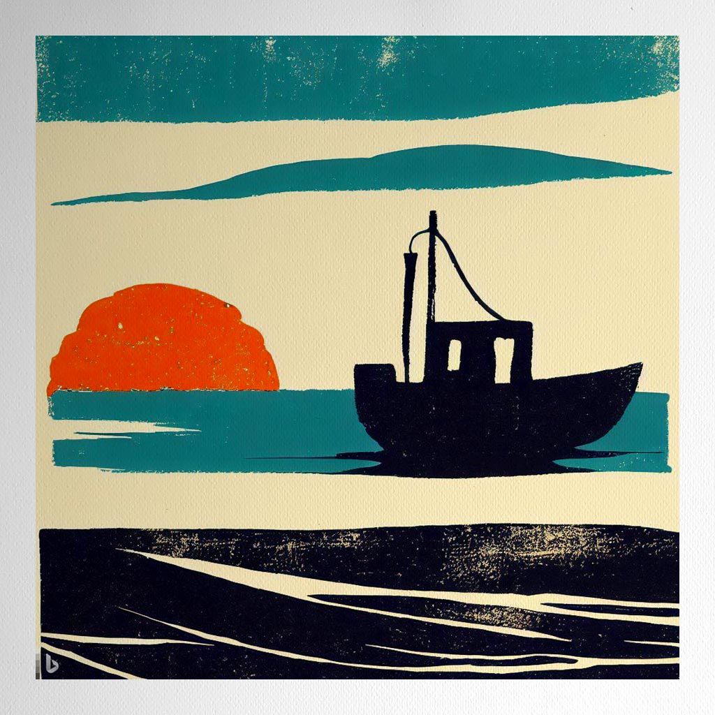 Product mockup for Abstract Fishing Boat Litho Print - Sunset on the Sea