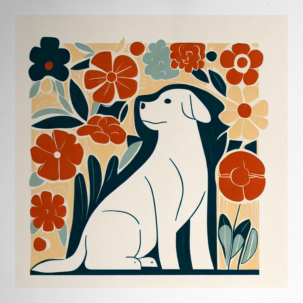 Product mockup for Dog Surrounded by Flowers Woodblock style print