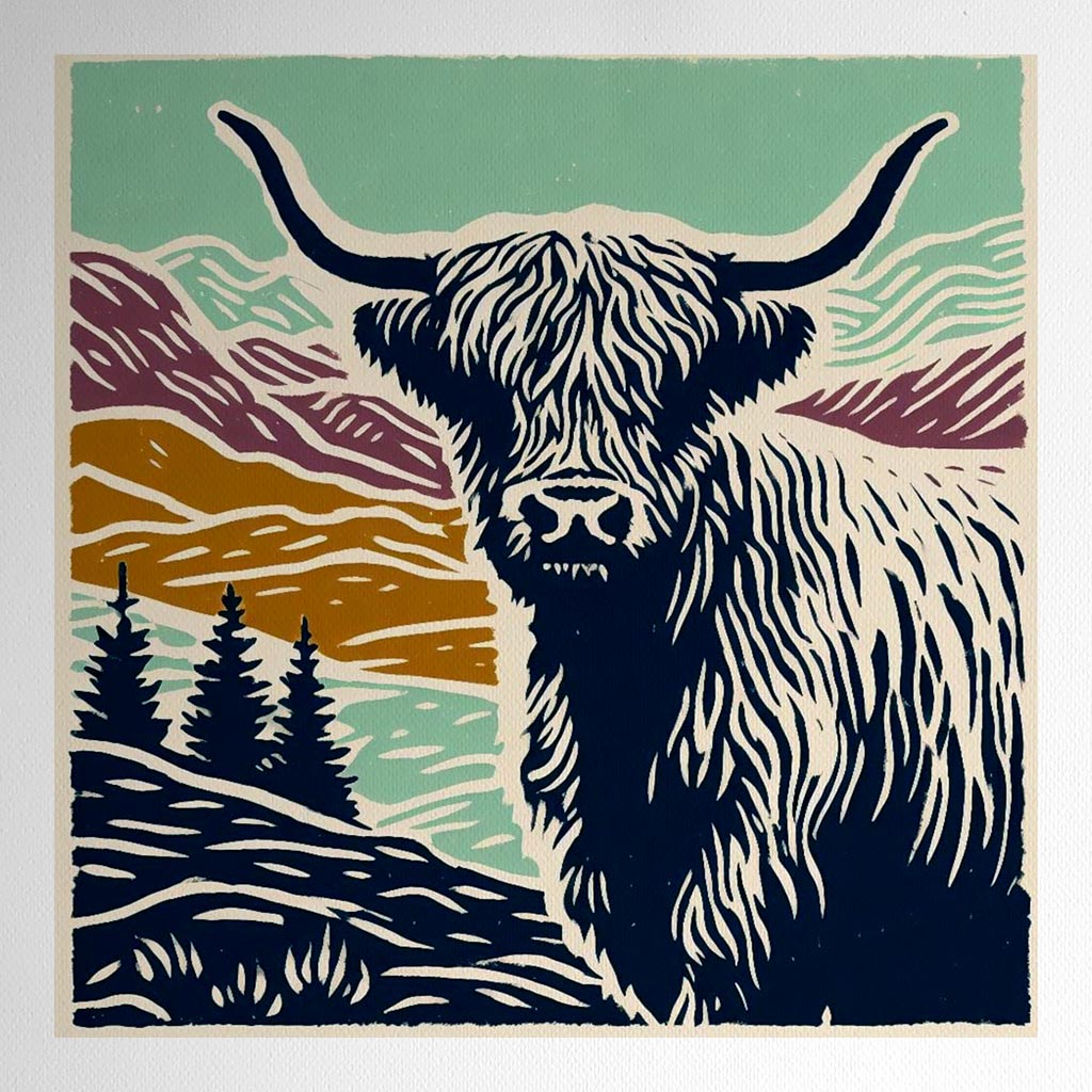 Product mockup for Highland Bull Woodblock style print
