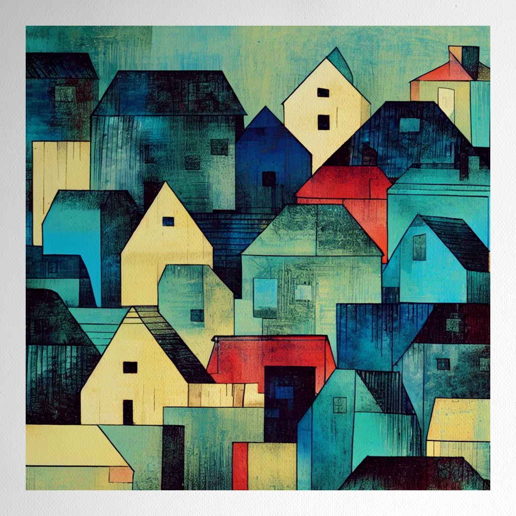 Product mockup for Paul Klee 2D Woodblock style print - Colorful Houses Illustration