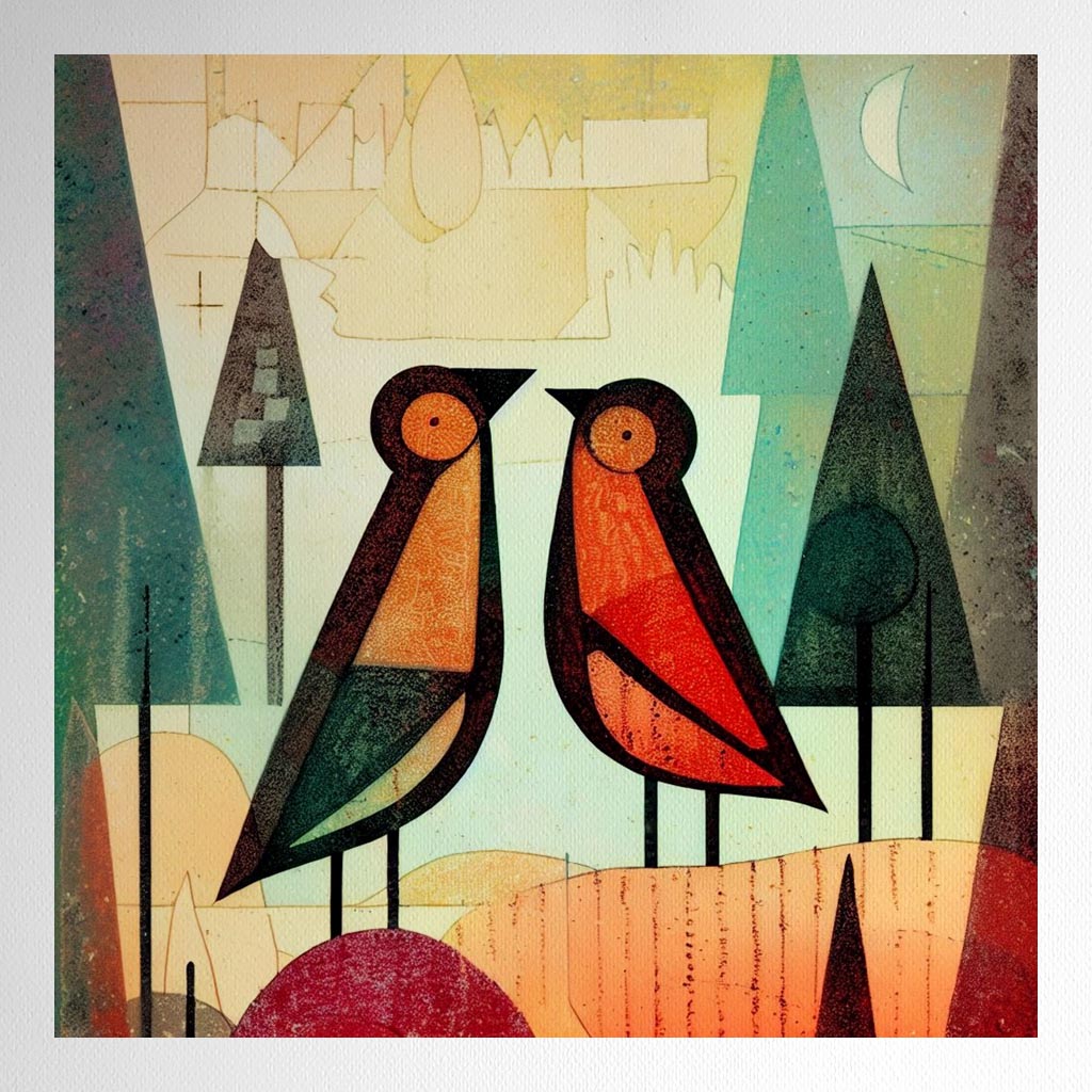 Product mockup for Paul Klee-Style Woodblock style print of Two Birds