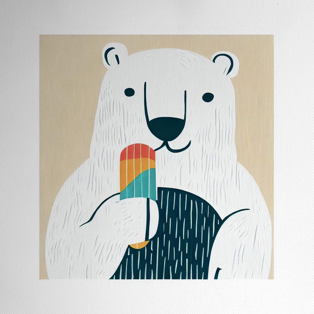 Product mockup for Polar Bear with Ice Cream Woodblock style print