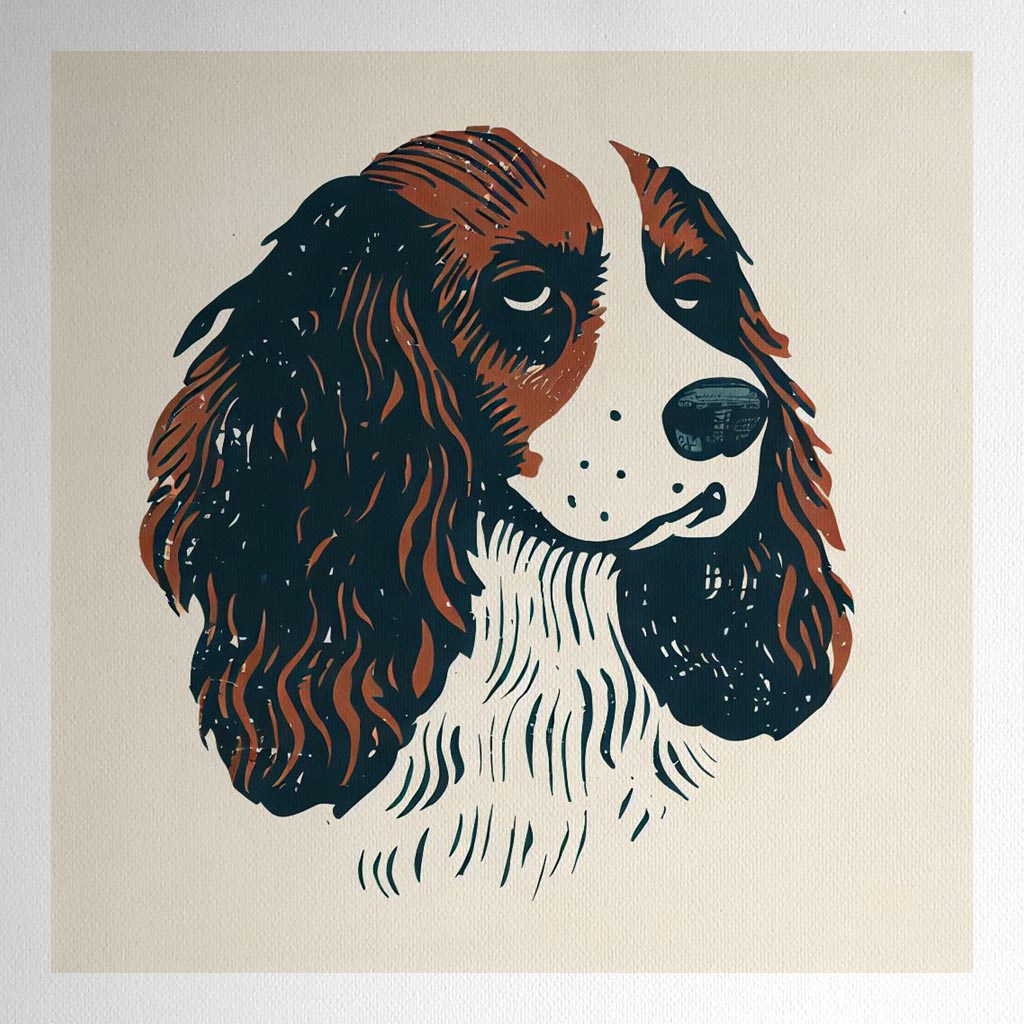 Product mockup for Portrait of a Proud Springer Spaniel Woodblock style print