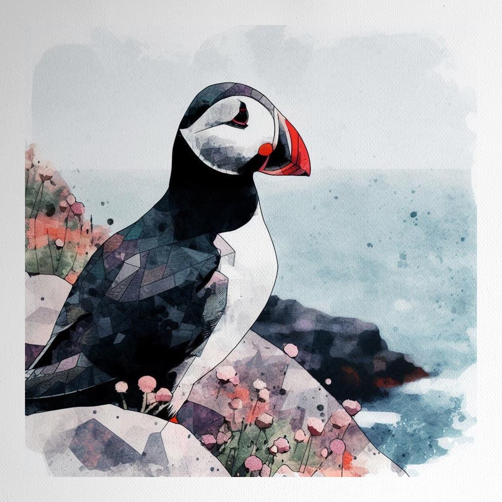 Product mockup for Puffin Surveying the Sea Watercolour Illustration