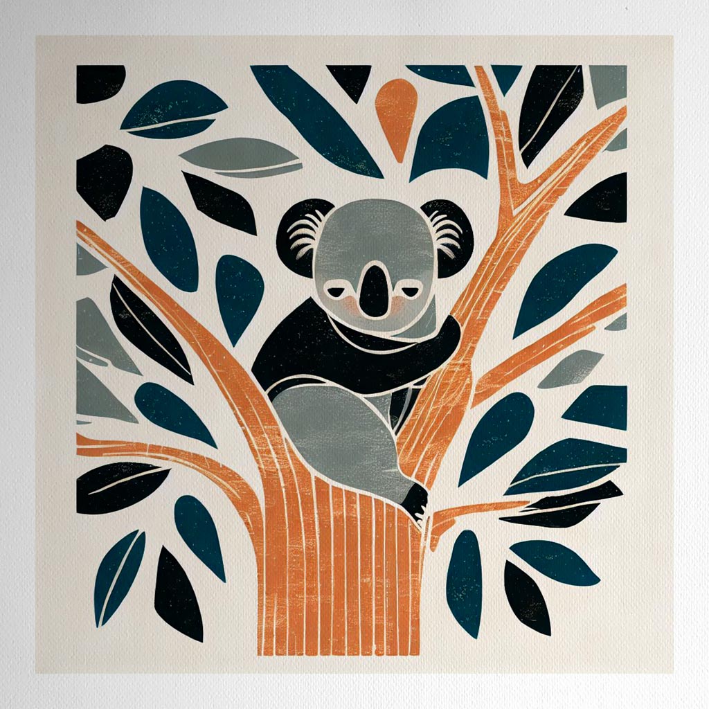 Product mockup for Scandi-Style Woodblock style print Koala in a Tree