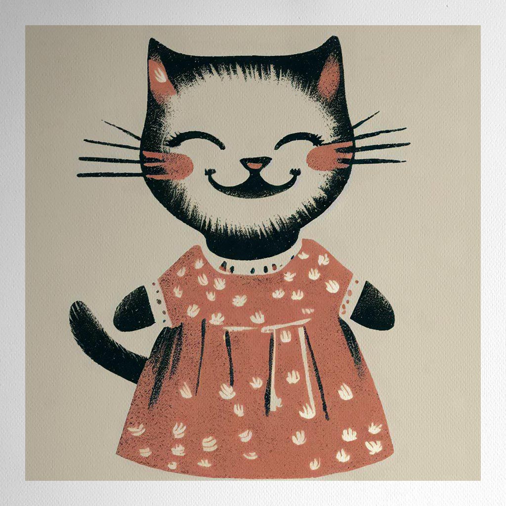 Product mockup for Vintage Litho Print Illustration of Smiling Cat in Dress