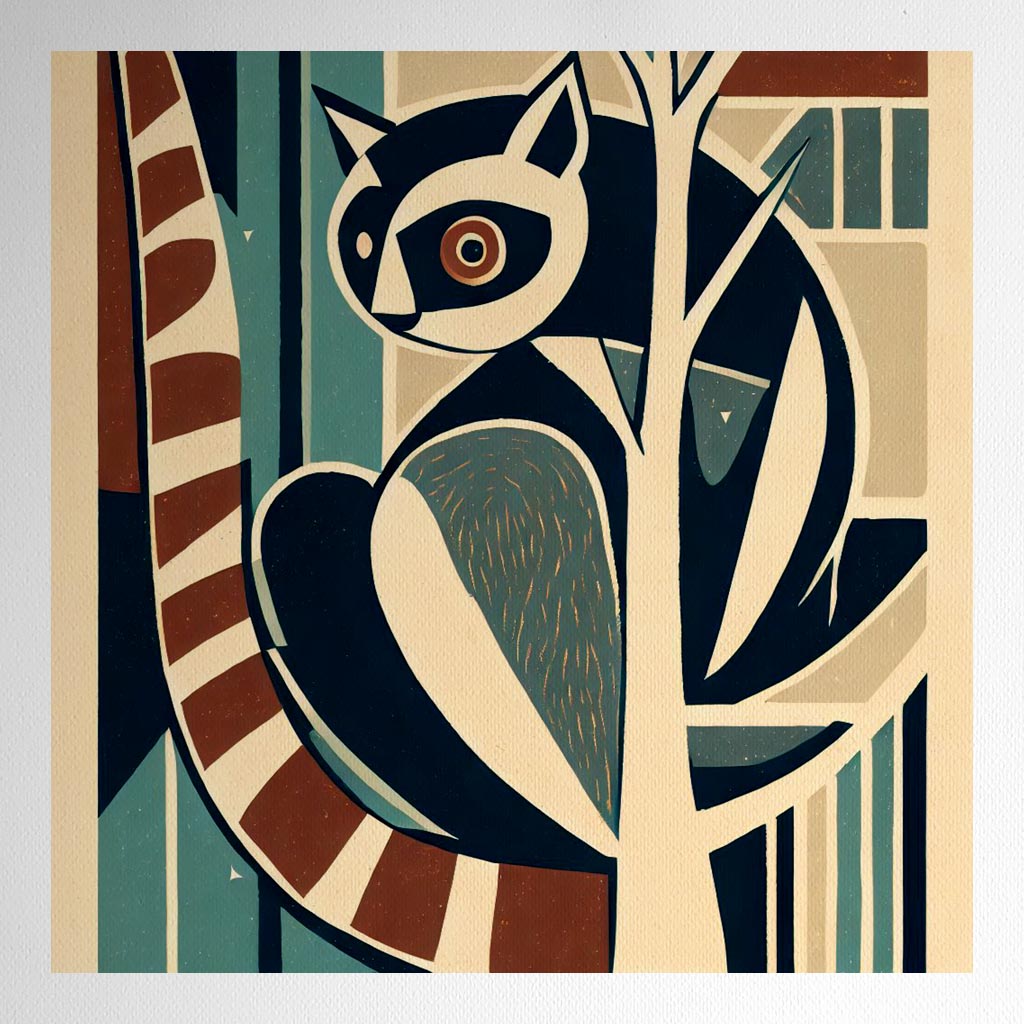 Product mockup for Woodblock Art Deco Lemur Print - Scandi Colours & Geometric Design