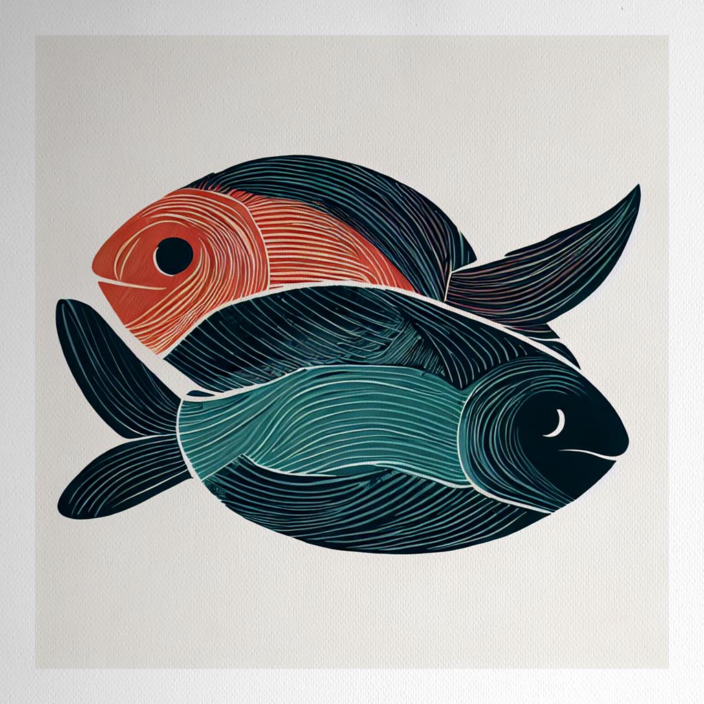 Product mockup for Woodblock Artwork of Two Fishes - Scandi Colours