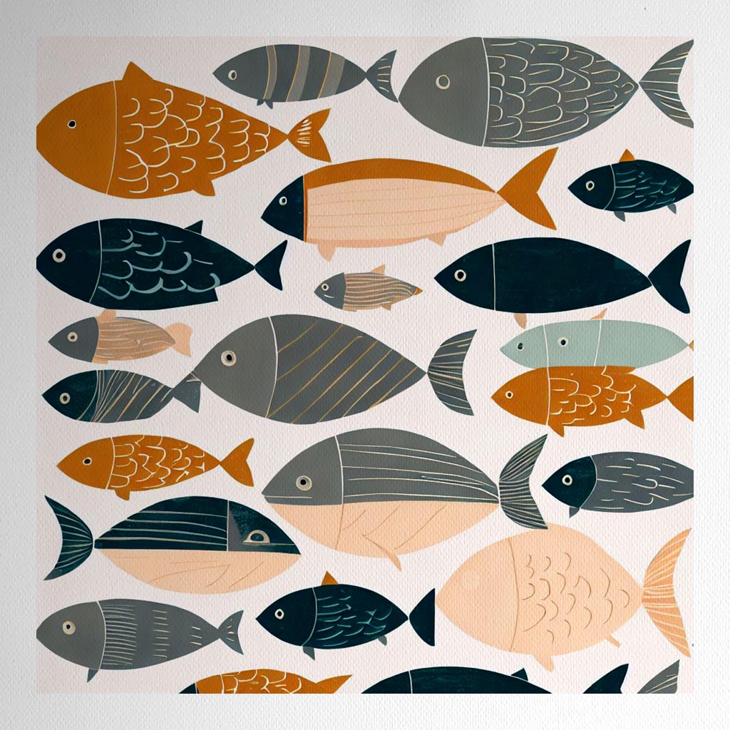 Product mockup for Woodblock Fish Collage - Scandi Nursery Decor