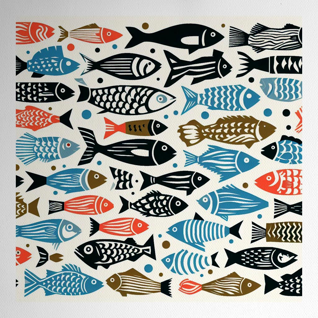Product mockup for Woodblock Fishes Nursery Wall Art